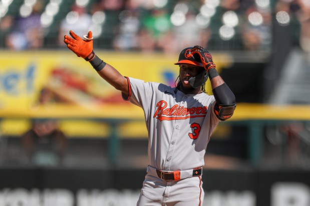 Baltimore Orioles shortstop Jorge Mateo (3) celebrates after hitting a double during the fourth inning against the Chicago White Sox at Rate Field on Wednesday, Sept. 17, 2025. (Eileen T. Meslar/Chicago Tribune)