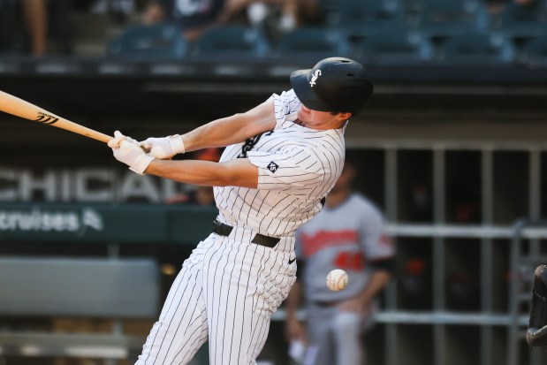 Chicago White Sox catcher Kyle Teel (8) strikes out swinging during the eighth inning against the Baltimore Orioles at Rate Field on Wednesday, Sept. 17, 2025. (Eileen T. Meslar/Chicago Tribune)