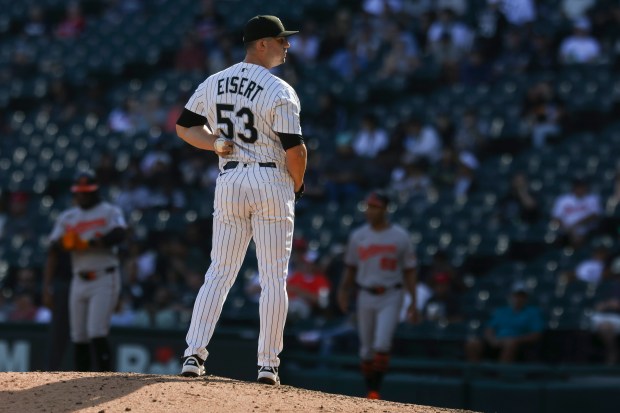 Chicago White Sox pitcher Brandon Eisert (53) pitches during the ninth inning against the Baltimore Orioles at Rate Field on Wednesday, Sept. 17, 2025. (Eileen T. Meslar/Chicago Tribune)