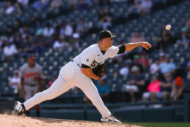 Chicago White Sox pitcher Brandon Eisert (53) pitches during the ninth inning against the Baltimore Orioles at Rate Field on Wednesday, Sept. 17, 2025. (Eileen T. Meslar/Chicago Tribune)