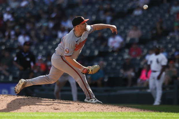 Baltimore Orioles pitcher Keegan Akin (45) pitches during the ninth inning against the Chicago White Sox at Rate Field on Wednesday, Sept. 17, 2025. (Eileen T. Meslar/Chicago Tribune)