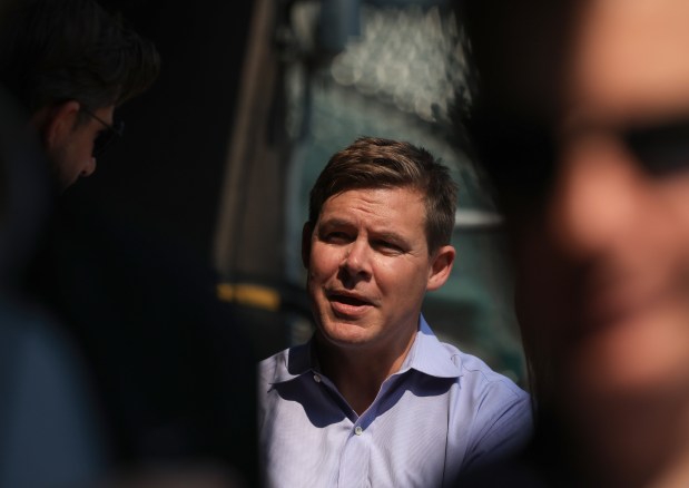 White Sox general manager Chris Getz talks to reporters before a game against the Royals on June 6, 2025, at Rate Field. (John J. Kim/Chicago Tribune)