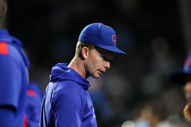 Chicago Cubs outfielder Pete Crow-Armstrong (4) stands in the dugout during the ninth inning against the Atlanta Braves at Wrigley Field Wednesday Sept. 3, 2025, in Chicago. (Armando L. Sanchez/Chicago Tribune)