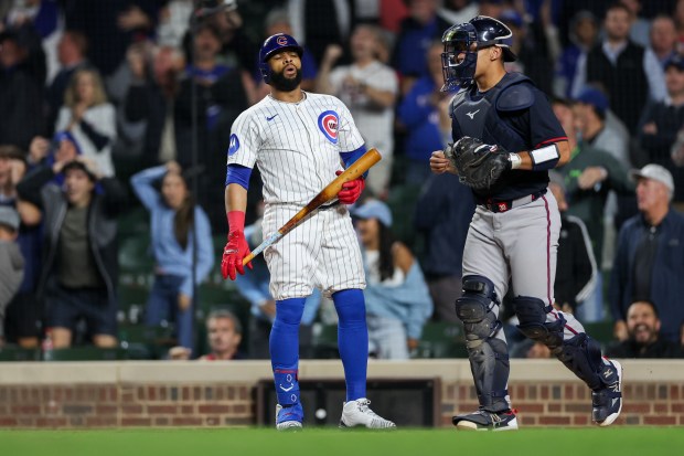 Chicago Cubs first base Carlos Santana (41) reacts after striking out to end the game with a, 5-1, loss to the Atlanta Braves at Wrigley Field Wednesday Sept. 3, 2025, in Chicago. (Armando L. Sanchez/Chicago Tribune)