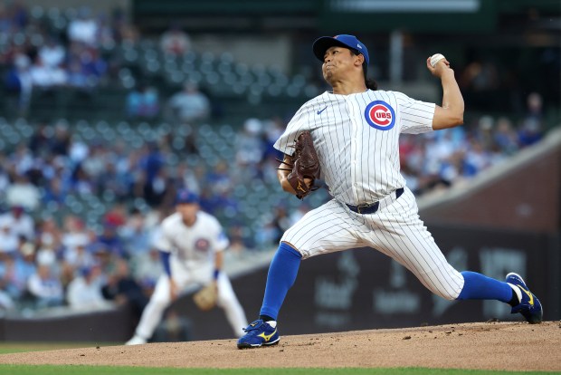 Chicago Cubs starting pitcher Shota Imanaga delivers to the Atlanta Braves in the first inning of a game at Wrigley Field in Chicago on Sept. 2, 2025. (Chris Sweda/Chicago Tribune)