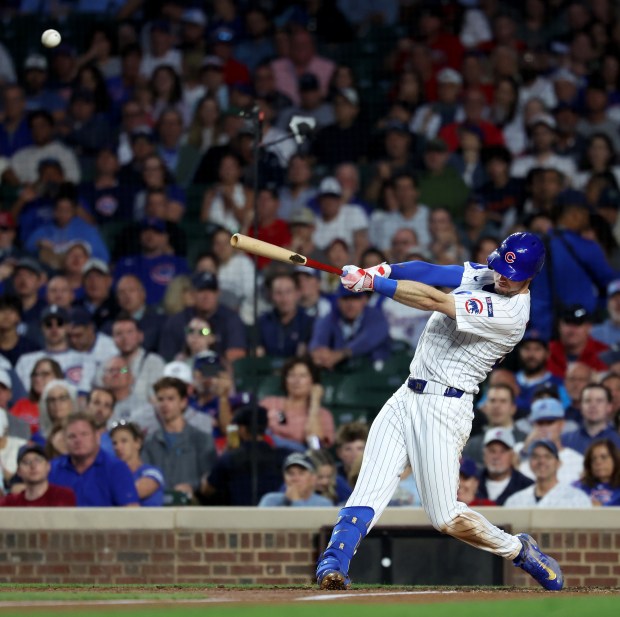 Chicago Cubs right fielder Kyle Tucker hits a 3-run home run in the third inning of a game against the Atlanta Braves at Wrigley Field in Chicago on Sept. 2, 2025. (Chris Sweda/Chicago Tribune)