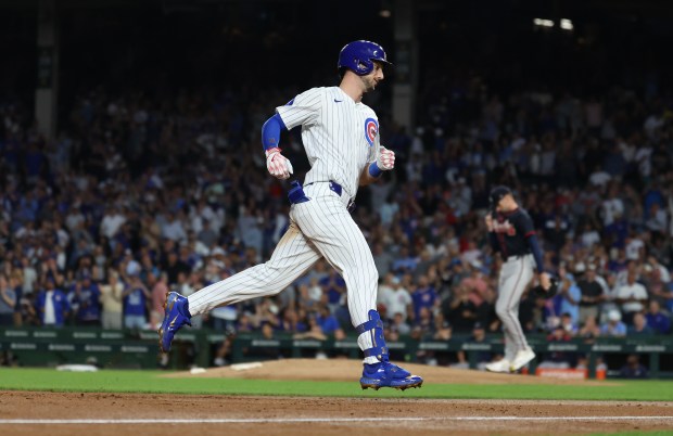 Chicago Cubs right fielder Kyle Tucker rounds the bases after hitting a 3-run home run in the third inning of a game against the Atlanta Braves at Wrigley Field in Chicago on Sept. 2, 2025. (Chris Sweda/Chicago Tribune)
