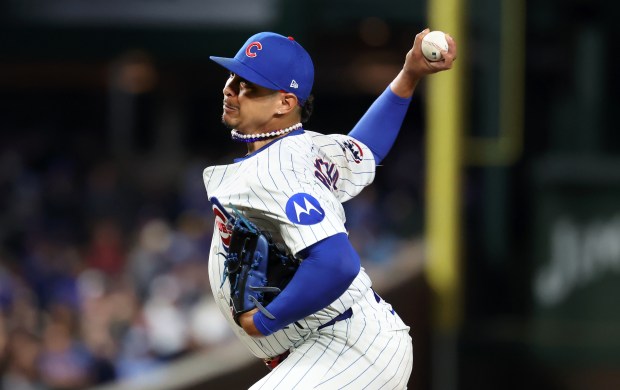 Chicago Cubs relief pitcher Daniel Palencia (48) delivers to the Atlanta Braves in the ninth inning of a game at Wrigley Field in Chicago on Sept. 2, 2025. (Chris Sweda/Chicago Tribune)