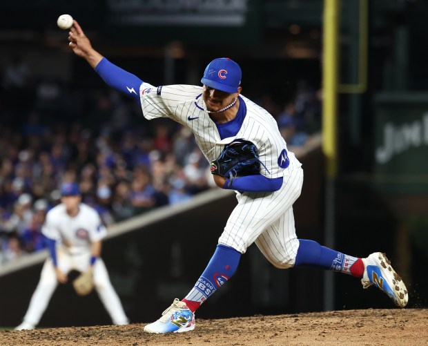 Chicago Cubs relief pitcher Daniel Palencia (48) delivers to the Atlanta Braves in the ninth inning of a game at Wrigley Field in Chicago on Sept. 2, 2025. (Chris Sweda/Chicago Tribune)