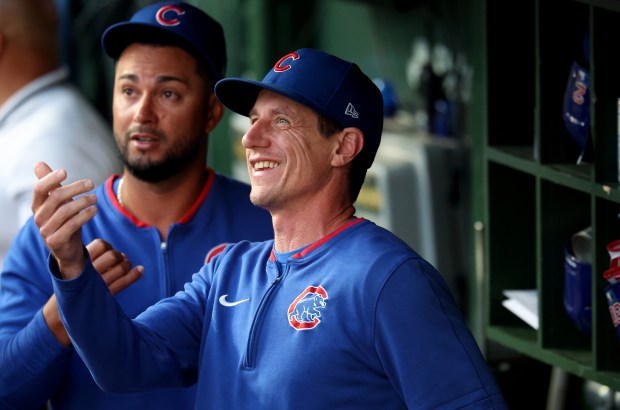 Chicago Cubs manager Craig Counsell hangs out in the dugout before a game against the Atlanta Braves at Wrigley Field in Chicago on Sept. 2, 2025. (Chris Sweda/Chicago Tribune)