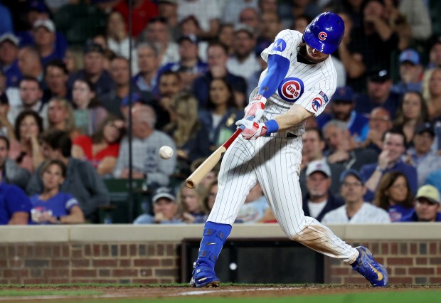 Chicago Cubs right fielder Kyle Tucker (30) singles in the fifth inning of a game against the Atlanta Braves at Wrigley Field in Chicago on Sept. 2, 2025. (Chris Sweda/Chicago Tribune)