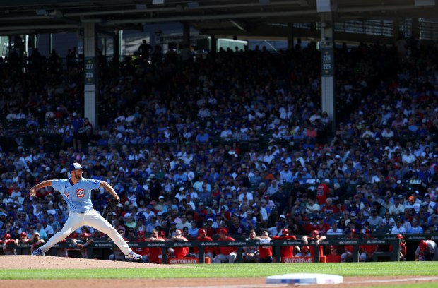 Chicago Cubs starting pitcher Colin Rea delivers to the St. Louis Cardinals in the third inning of a game at Wrigley Field in Chicago on Sept. 26, 2025. (Chris Sweda/Chicago Tribune)