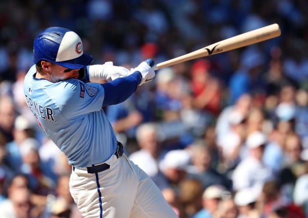 Cubs second baseman Nico Hoerner hits a solo home run in the first inning against the Cardinals on Sept. 26, 2025, at Wrigley Field. (Chris Sweda/Chicago Tribune)