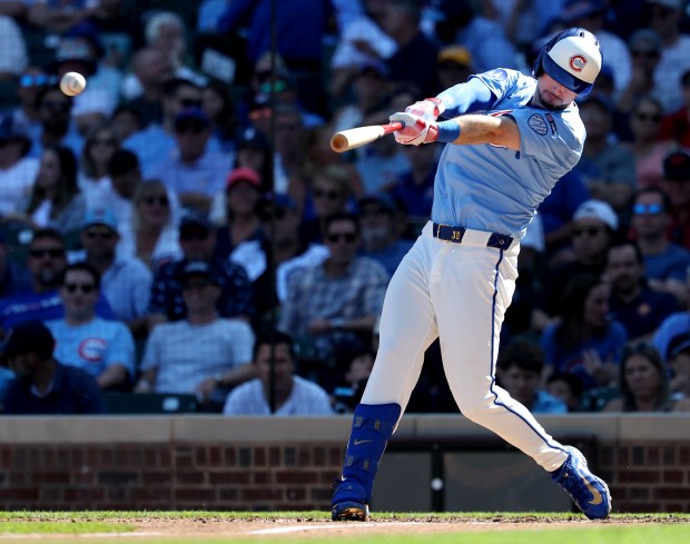 Cubs designated hitter Kyle Tucker singles in the fourth inning against the Cardinals on Sept. 26, 2025, at Wrigley Field. (Chris Sweda/Chicago Tribune)