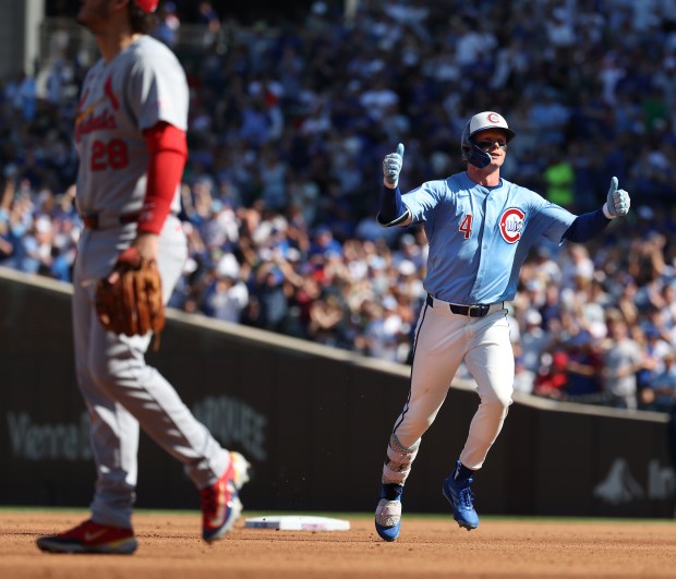 Chicago Cubs center fielder Pete Crow-Armstrong celebrates as he rounds the bases after hitting a 2-run home run in the fourth inning of a game against the St. Louis Cardinals at Wrigley Field in Chicago on Sept. 26, 2025. (Chris Sweda/Chicago Tribune)