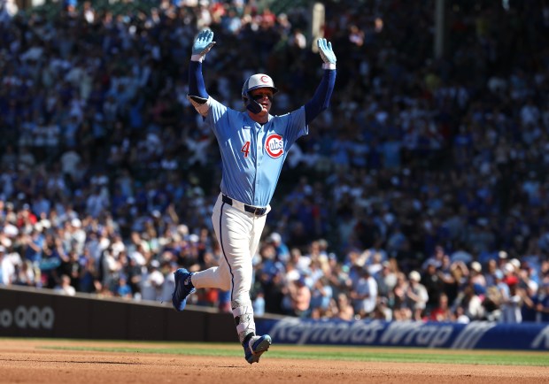 Chicago Cubs center fielder Pete Crow-Armstrong celebrates as he rounds the bases after hitting a 2-run home run in the fourth inning of a game against the St. Louis Cardinals at Wrigley Field in Chicago on Sept. 26, 2025. (Chris Sweda/Chicago Tribune)
