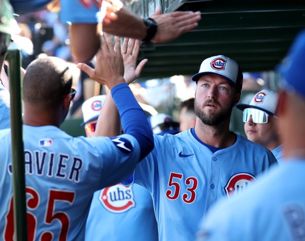 Chicago Cubs starting pitcher Colin Rea is congratulated by his teammates in the dugout after being taken out of the game in the sixth inning against the St. Louis Cardinals at Wrigley Field in Chicago on Sept. 26, 2025. (Chris Sweda/Chicago Tribune)