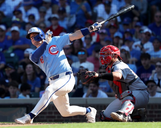 Chicago Cubs third baseman Matt Shaw drives in a run on a triple in the seventh inning of a game against the St. Louis Cardinals at Wrigley Field in Chicago on Sept. 26, 2025. (Chris Sweda/Chicago Tribune)