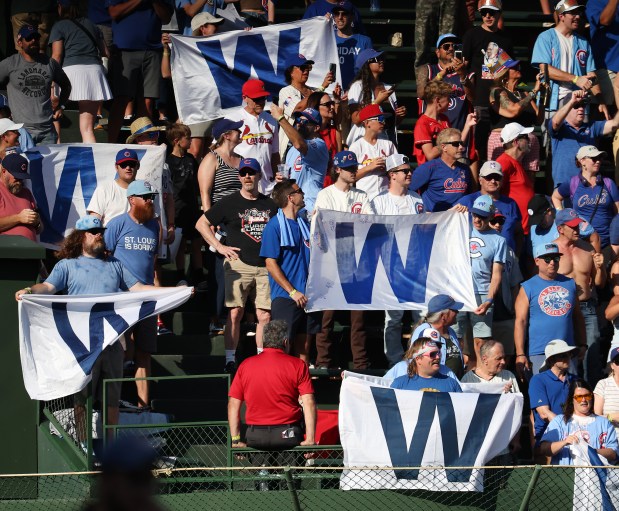 Cubs fans in the left-field bleachers celebrate after a victory over the St. Louis Cardinals on Sept. 26, 2025, at Wrigley Field. (Chris Sweda/Chicago Tribune)