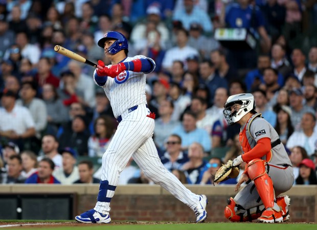 Chicago Cubs catcher Miguel Amaya hits a 2-run home run in the third inning of a game against the San Francisco Giants at Wrigley Field in Chicago on May 6, 2025. (Chris Sweda/Chicago Tribune)