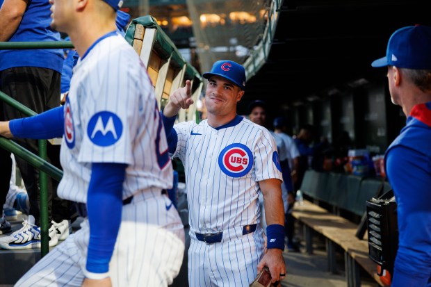 Chicago Cubs third base Matt Shaw (6) points in the stands before taking the field against the New York Mets at Wrigley Field Tuesday Sept. 23, 2025, in Chicago. (Armando L. Sanchez/Chicago Tribune)
