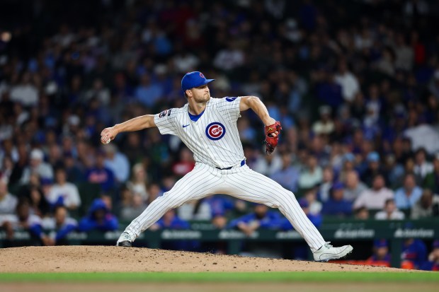 Chicago Cubs pitcher Michael Soroka (99) pitches during the fifth inning against the New York Mets at Wrigley Field Tuesday Sept. 23, 2025, in Chicago. (Armando L. Sanchez/Chicago Tribune)