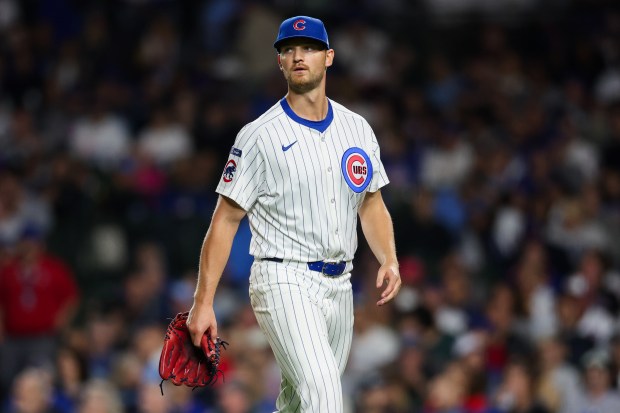 Chicago Cubs pitcher Michael Soroka (99) comes out of the game during the fifth inning against the New York Mets at Wrigley Field Tuesday Sept. 23, 2025, in Chicago. (Armando L. Sanchez/Chicago Tribune)