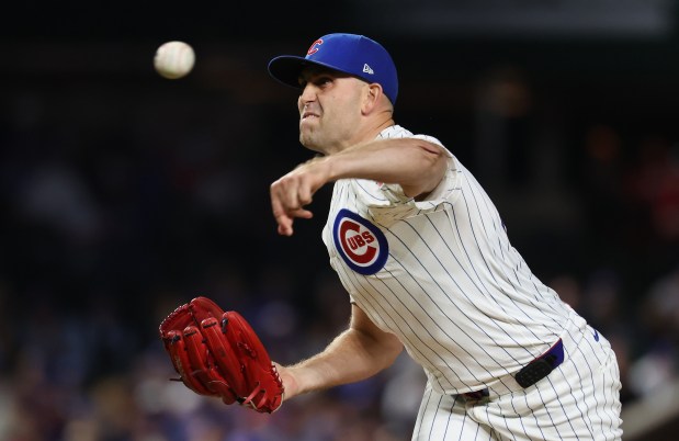 Chicago Cubs starting pitcher Matthew Boyd delivers to the New York Mets in the first inning of a game at Wrigley Field in Chicago on Sept. 24, 2025. (Chris Sweda/Chicago Tribune)