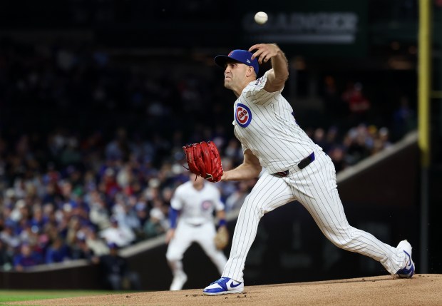 Chicago Cubs starting pitcher Matthew Boyd delivers to the New York Mets in the first inning of a game at Wrigley Field in Chicago on Sept. 24, 2025. (Chris Sweda/Chicago Tribune)