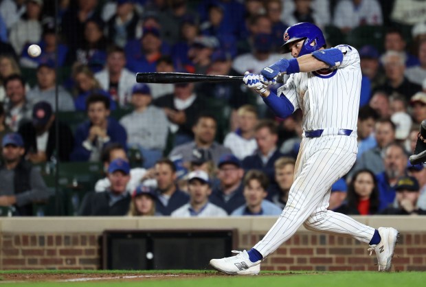 Chicago Cubs third baseman Matt Shaw singes in the sixth inning of a game against the New York Mets at Wrigley Field in Chicago on Sept. 24, 2025. (Chris Sweda/Chicago Tribune)