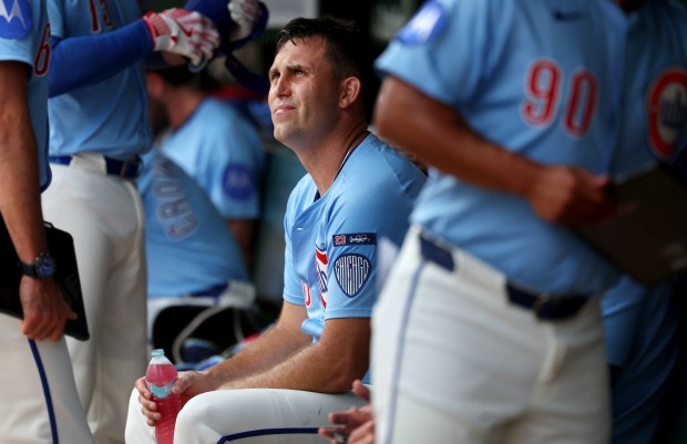 Chicago Cubs starting pitcher Matthew Boyd sits in the dugout after the first inning of a game against the Tampa Bay Rays at Wrigley Field in Chicago on Sept. 12, 2025. (Chris Sweda/Chicago Tribune)