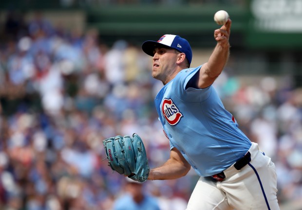 Chicago Cubs starting pitcher Matthew Boyd delivers to the Tampa Bay Rays in the third inning of a game at Wrigley Field in Chicago on Sept. 12, 2025. (Chris Sweda/Chicago Tribune)