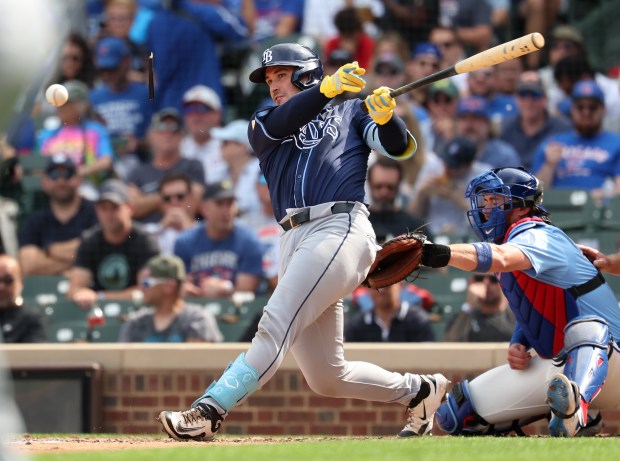 Tampa Bay Rays catcher Nick Fortes breaks his bat on a swing in the fourth inning of a game against the Chicago Cubs at Wrigley Field in Chicago on Sept. 12, 2025. (Chris Sweda/Chicago Tribune)