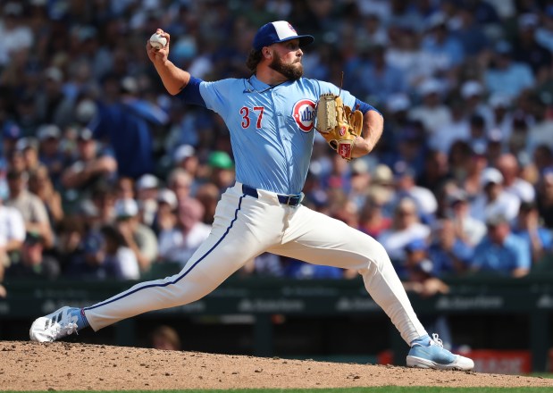 Chicago Cubs relief pitcher Porter Hodge delivers to the Tampa Bay Rays in the sixth inning of a game at Wrigley Field in Chicago on Sept. 12, 2025. (Chris Sweda/Chicago Tribune)