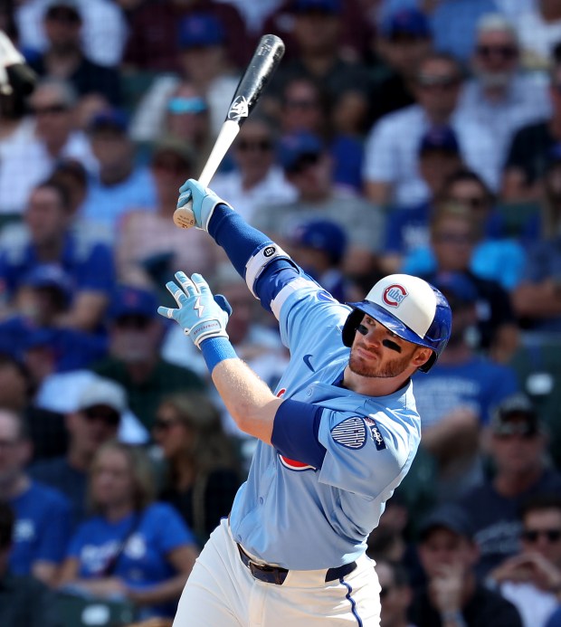Chicago Cubs left fielder Ian Happ doubles in the sixth inning of a game against the Tampa Bay Rays at Wrigley Field in Chicago on Sept. 12, 2025. (Chris Sweda/Chicago Tribune)