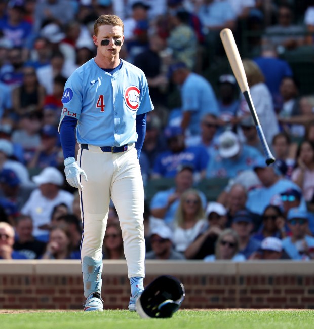 Chicago Cubs center fielder Pete Crow-Armstrong (4) tosses his bat after striking out to end the sixth inning of a game against the Tampa Bay Rays at Wrigley Field in Chicago on Sept. 12, 2025. (Chris Sweda/Chicago Tribune)