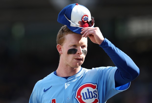 Chicago Cubs center fielder Pete Crow-Armstrong (4) walks on the infield after striking out to end the sixth inning of a game against the Tampa Bay Rays at Wrigley Field in Chicago on Sept. 12, 2025. (Chris Sweda/Chicago Tribune)