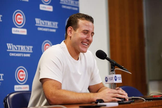 Former Cubs first baseman Anthony Rizzo speaks with members of the press before the Cubs play the Tampa Bay Rays at Wrigley Field after the Cubs announced he would retire and become an ambassador for the team he helped lead to a World Series in 2016 Saturday Sept. 13, 2025, in Chicago. (Armando L. Sanchez/Chicago Tribune)