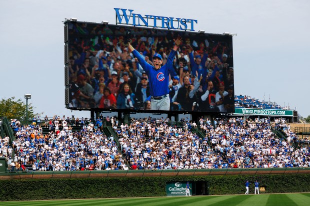 A video tribute to former Cubs first baseman Anthony Rizzo plays at Wrigley Field after the Cubs announced he would retire with the organization he helped lead to a World Series title in 2016 and become an ambassador for the team Saturday Sept. 13, 2025, in Chicago. (Armando L. Sanchez/Chicago Tribune)