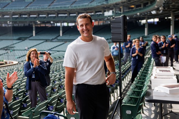 Former Cubs first baseman Anthony Rizzo speaks with employees before the Cubs play the Tampa Bay Rays at Wrigley Field after the Cubs announced he would retire and become an ambassador for the team he helped lead to a World Series in 2016 Saturday Sept. 13, 2025, in Chicago. (Armando L. Sanchez/Chicago Tribune)