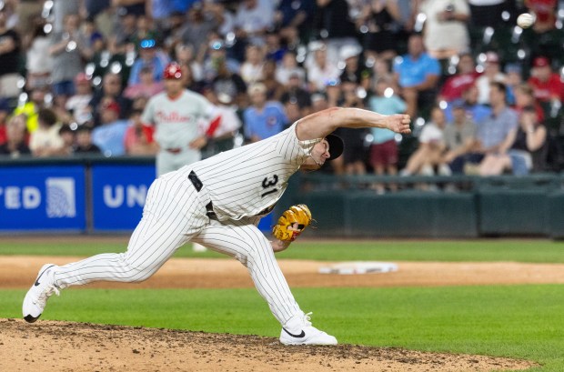 Chicago White Sox relief pitcher Grant Taylor (31) pitches the final out in the ninth inning during a game against the Philadelphia Phillies on Monday, July 28, 2025, at Rate Field. (Dominic Di Palermo/Chicago Tribune)