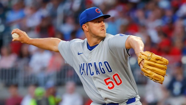 Jameson Taillon #50 of the Chicago Cubs pitches during the second inning against the Atlanta Braves at Truist Park on Sept. 10, 2025 in Atlanta, Georgia. (Photo by Todd Kirkland/Getty Images)