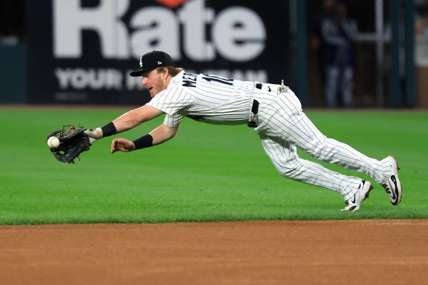 Chase Meidroth #10 of the Chicago White Sox attempts to field the ball  during the third inning against the Baltimore Orioles at Rate Field on Sept. 16, 2025 in Chicago, Illinois. (Photo by Justin Casterline/Getty Images)