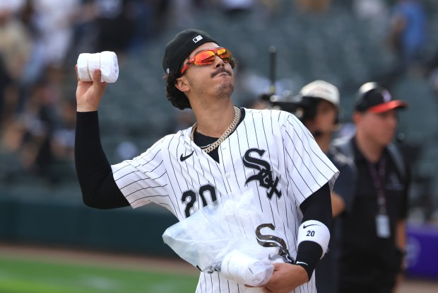 Miguel Vargas #20 of the Chicago White Sox throws t-shirts to the fans following the end of the home season after the game against the San Diego Padres at Rate Field on Sept. 21, 2025 in Chicago, Illinois. (Photo by Justin Casterline/Getty Images)