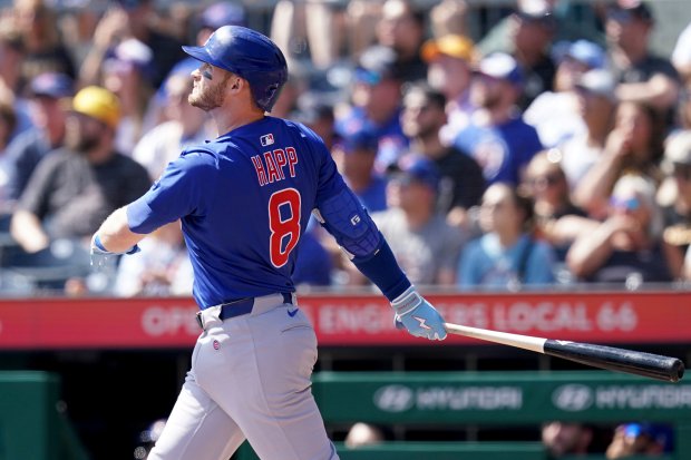 Cubs left fielder Ian Happ watches his two-run home run in the first inning against the Pirates on Wednesday, Sept. 17, 2025, in Pittsburgh. (Matt Freed/AP)