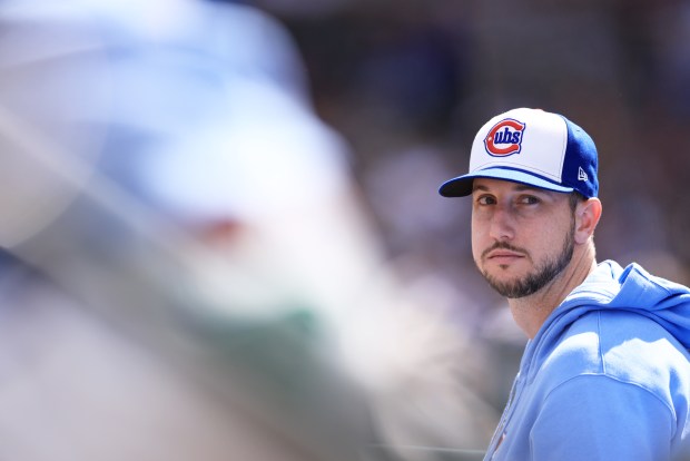Cubs right fielder Kyle Tucker looks on from the bench during the fourth inning against the Nationals on Sept. 5, 2025, at Wrigley Field. Tucker didn't play in the Cubs' 11-5 win. (Geoff Stellfox/Getty Images)