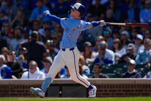 Cubs center fielder Pete Crow-Armstrong hits a sacrifice fly in the first inning against the Nationals on Friday, Sept. 5, 2025, at Wrigley Field. (Erin Hooley/AP)