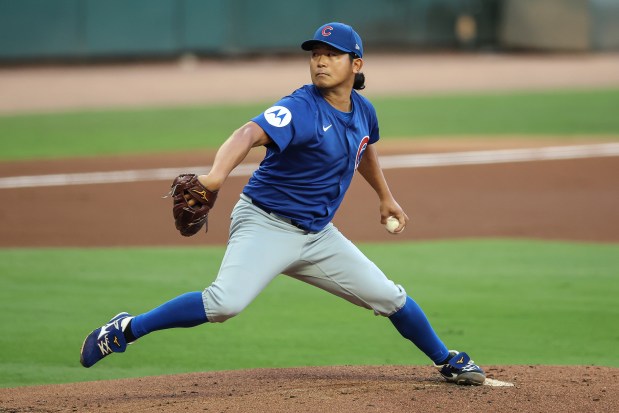 Chicago Cubs pitcher Shota Imanaga delivers in the first inning of a baseball game against the Atlanta Braves, Monday, Sept. 8, 2025, in Atlanta. (AP Photo/Colin Hubbard)