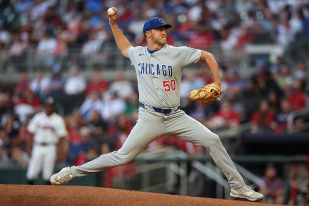 Chicago Cubs pitcher Jameson Taillon (50) delivers in the first inning of a baseball game against the Atlanta Braves, Wednesday, Sept. 10, 2025, in Atlanta. (AP Photo/Colin Hubbard)