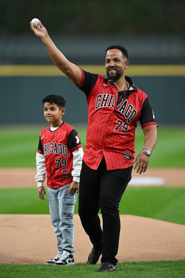 Former White Sox player José Abreu throws a ceremonial first pitch before a game against the Padres on Sept. 19, 2025, at Rate Field. (Daniel Bartel/Getty Images)